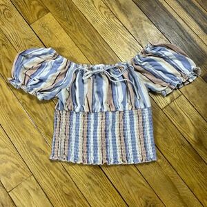 Love + Joy Striped Smocked‎ Off The Shoulder Crop Top M